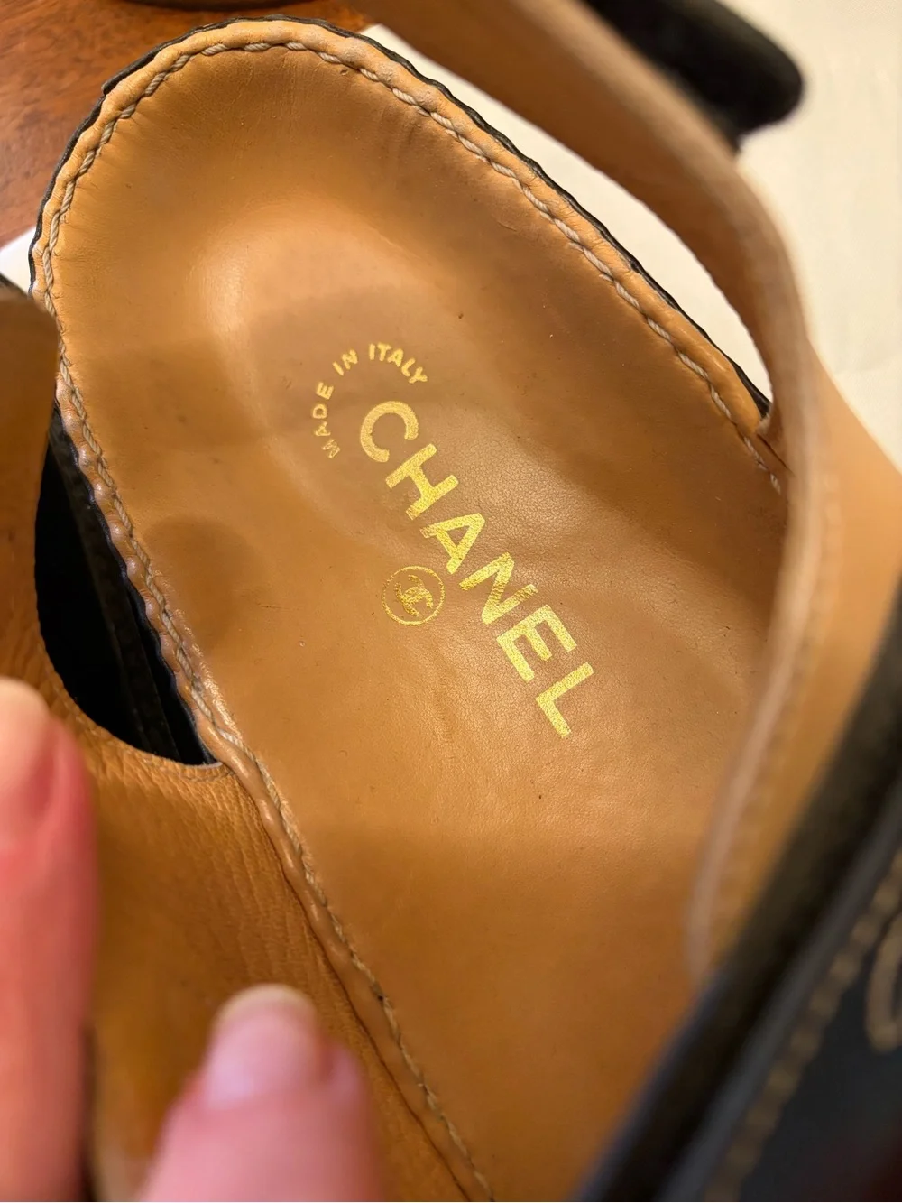 CHANEL Black and Tan Leather “Dad” Velcro Strap Sandals woman’s 10.5